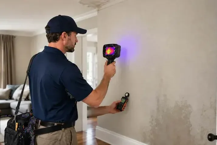 Technician checking a water-stained wall with a thermal camera and a moisture meter