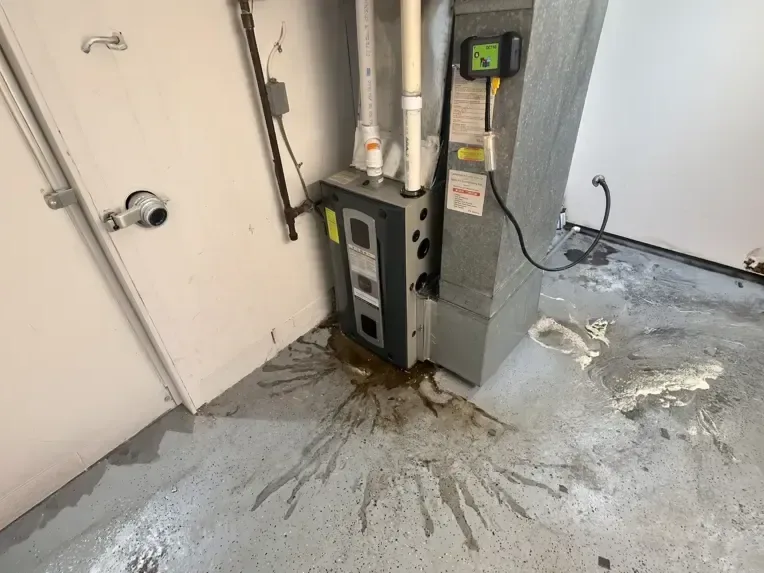 Water spreading out of an air handler closet after a clogged AC drain line