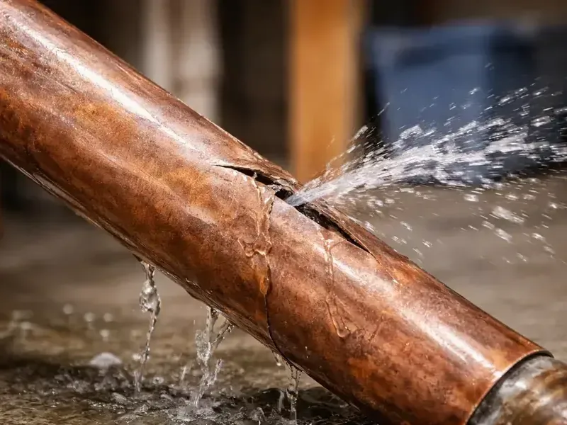 Water spraying out of a split copper supply pipe inside a house
