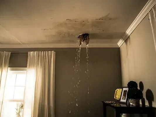 Water pouring through a ceiling light opening into the room below