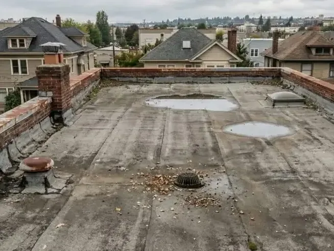 Ponding water on a flat roof edged by parapet walls