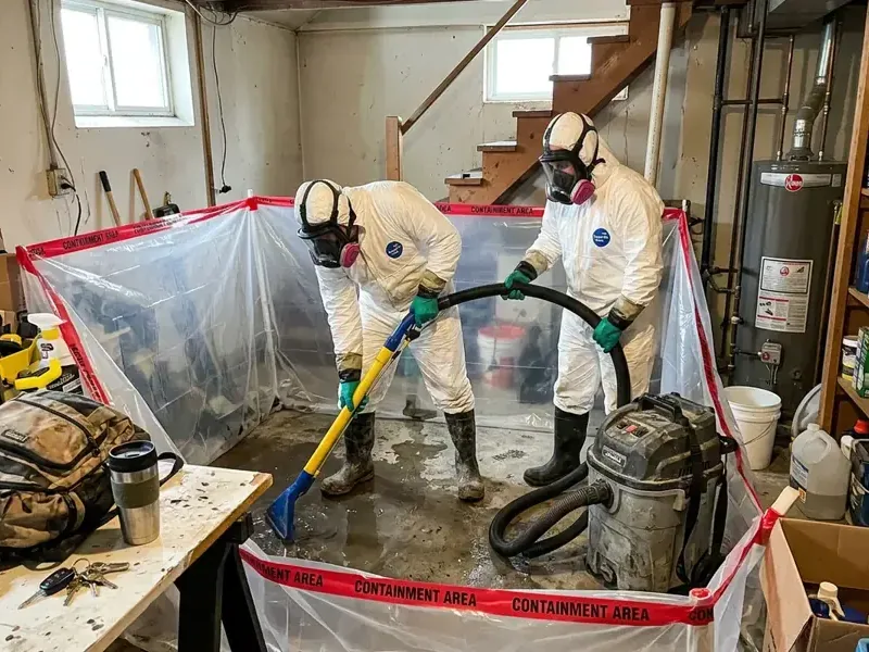 Plastic containment set up for a sewer backup cleanup in a lower room