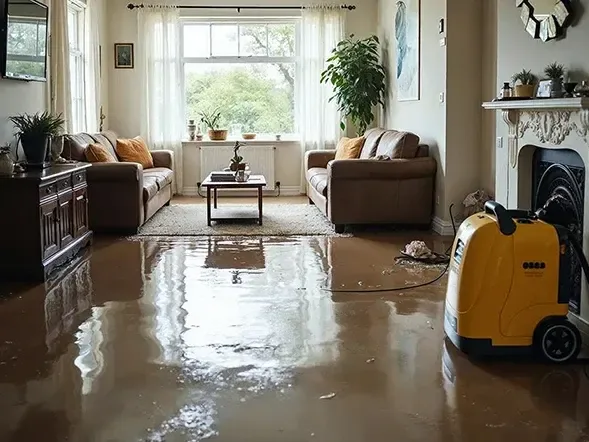 A truck-mounted extraction hose pulling standing water off a floor inside a home