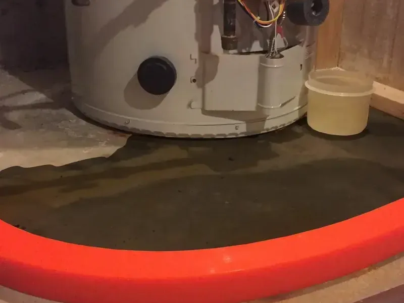 A leaking water heater with water pooled across a utility closet floor
